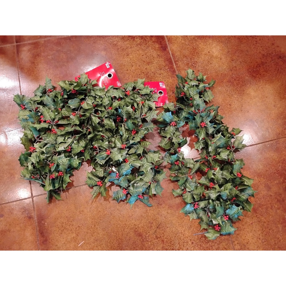 Set of 3 Christmas Holly Berry Garlands 7.5ft Artificial Greenery Holiday Decor